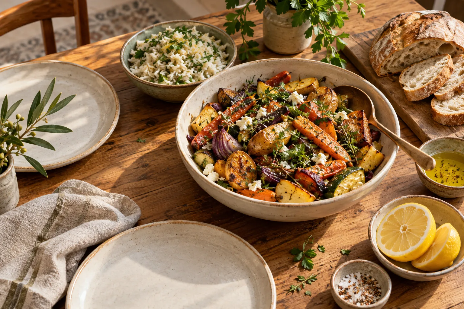 A sunlit table with roasted vegetables, herbed rice, rustic bread and places ready to share a meal.