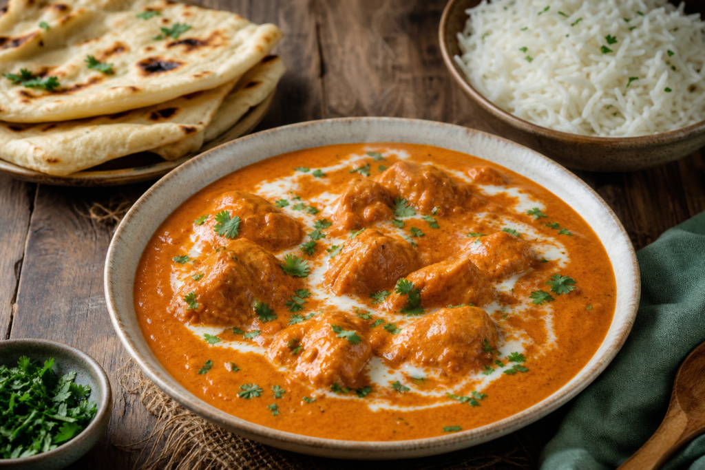 Butter chicken in a creamy tomato curry sauce with naan and rice