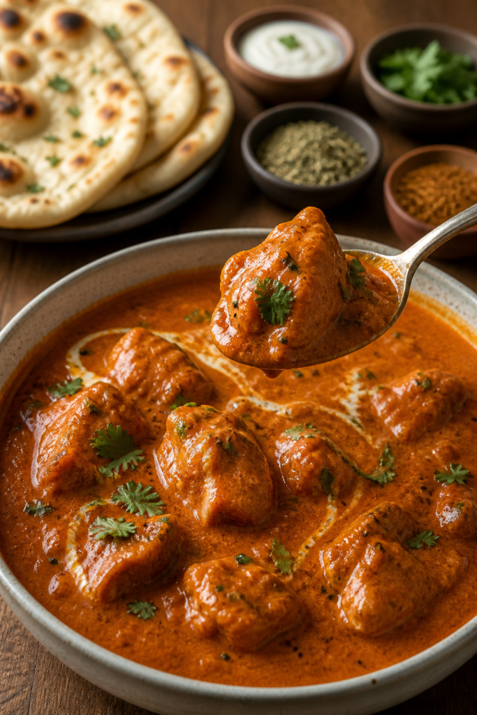 Spoon lifting butter chicken from a bowl of creamy curry sauce