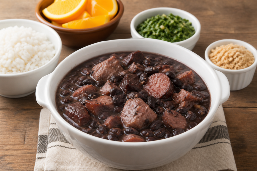 Brazilian feijoada black bean and pork stew served with rice, orange slices, collard greens, and farofa.