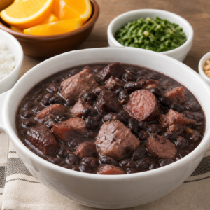 Brazilian feijoada black bean and pork stew served with rice, orange slices, collard greens, and farofa.