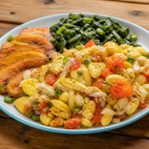 Jamaican ackee and saltfish with tomatoes, peppers, scallions, fried plantain, and greens.
