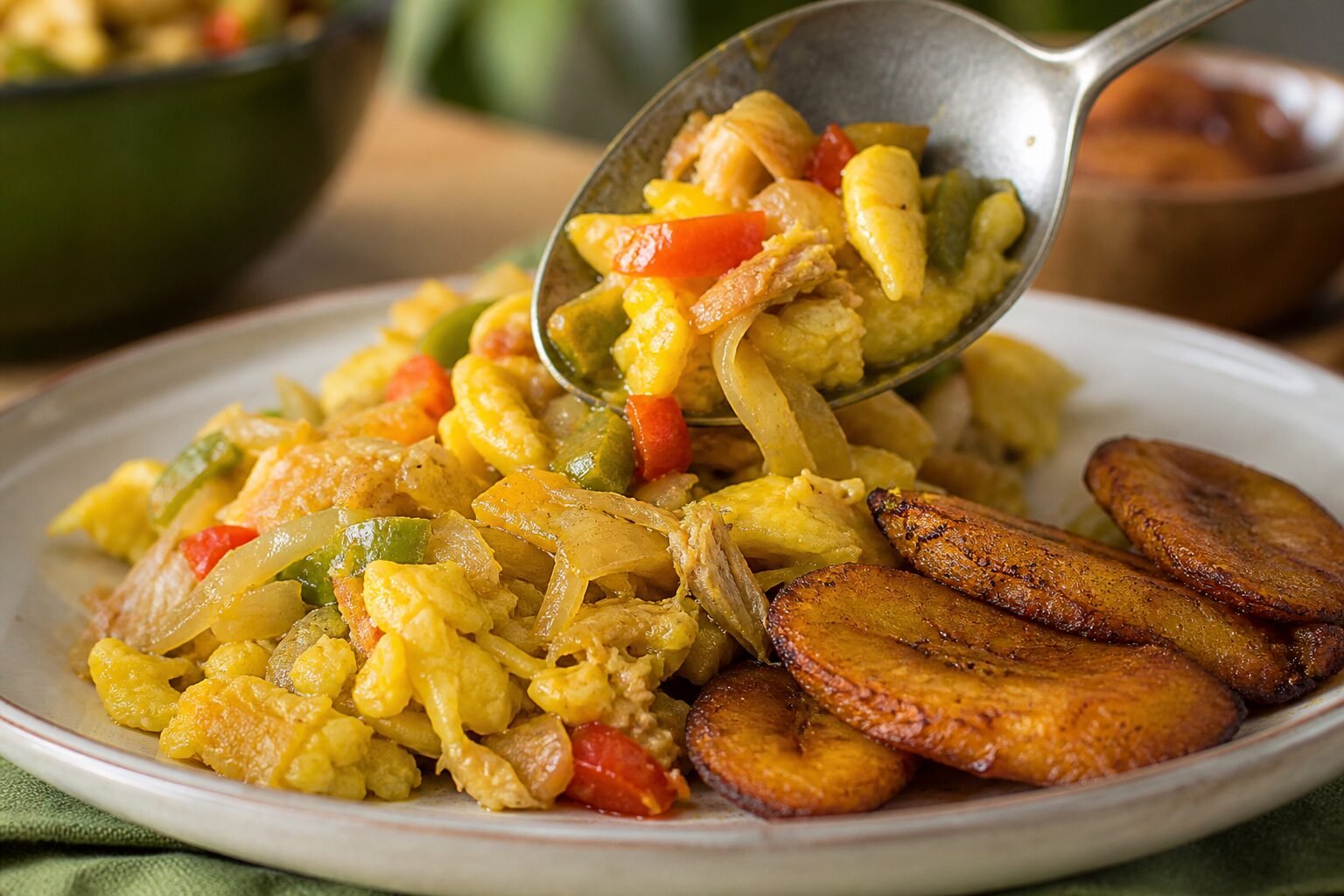 A close-up serving of soft ackee and flaky saltfish with sautéed peppers, onions, and fried plantain.