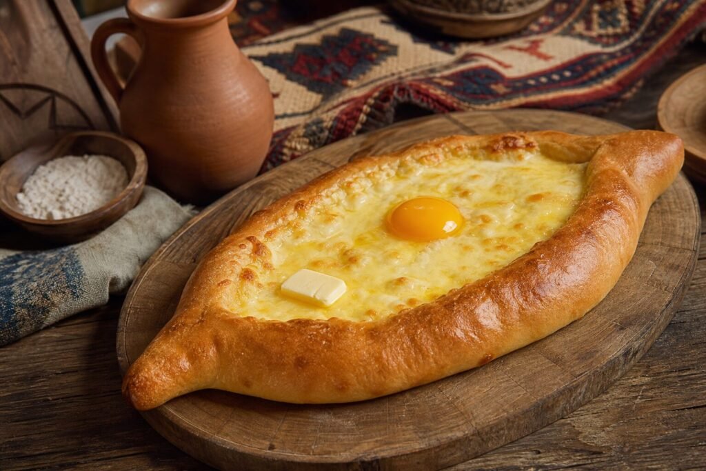 Georgian boat-shaped khachapuri filled with melted cheese, a soft egg yolk, and butter.