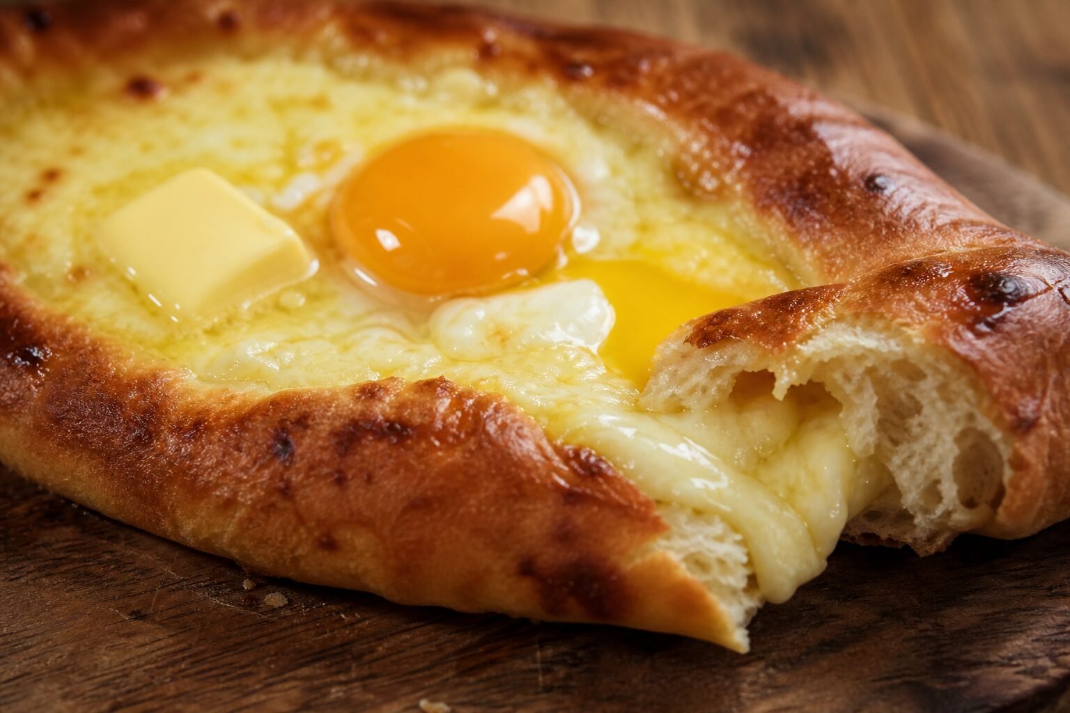 Close serving view of khachapuri with torn bread, molten cheese, soft egg, and butter.