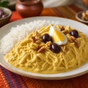 Peruvian aji de gallina with creamy yellow chili chicken over rice, black olives, egg, and walnuts.