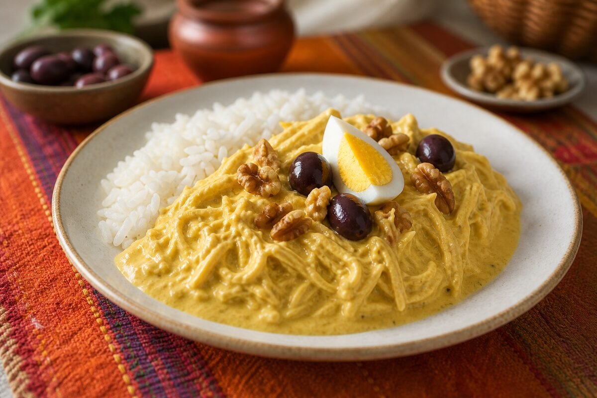 Peruvian aji de gallina with creamy yellow chili chicken over rice, black olives, egg, and walnuts.