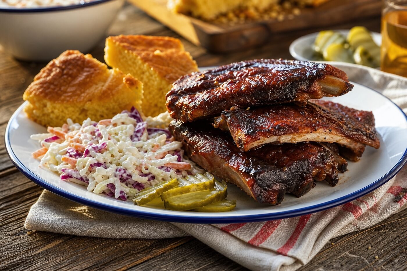 American barbecue pork ribs with smoky glaze, coleslaw, cornbread, and pickles.