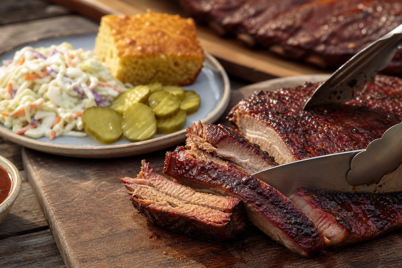 Glazed American barbecue ribs being sliced beside coleslaw, cornbread, and pickles.