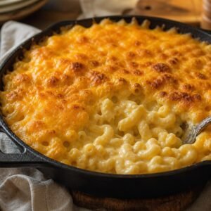 Creamy baked American macaroni and cheese with a golden cheddar crust in a cast-iron skillet.