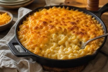 Creamy baked American macaroni and cheese with a golden cheddar crust in a cast-iron skillet.