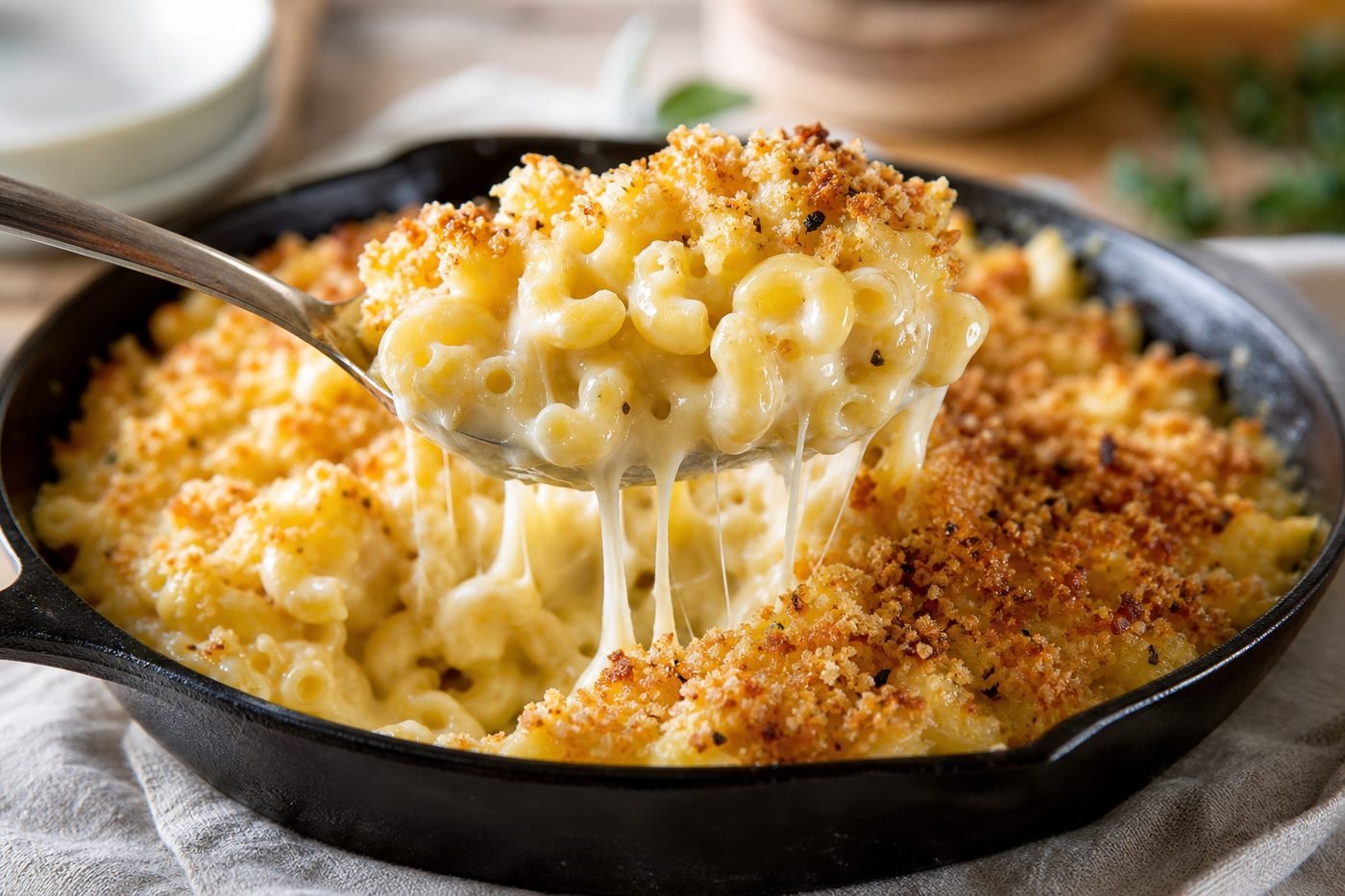 Close serving of baked macaroni and cheese with a golden breadcrumb crust and creamy sauce.