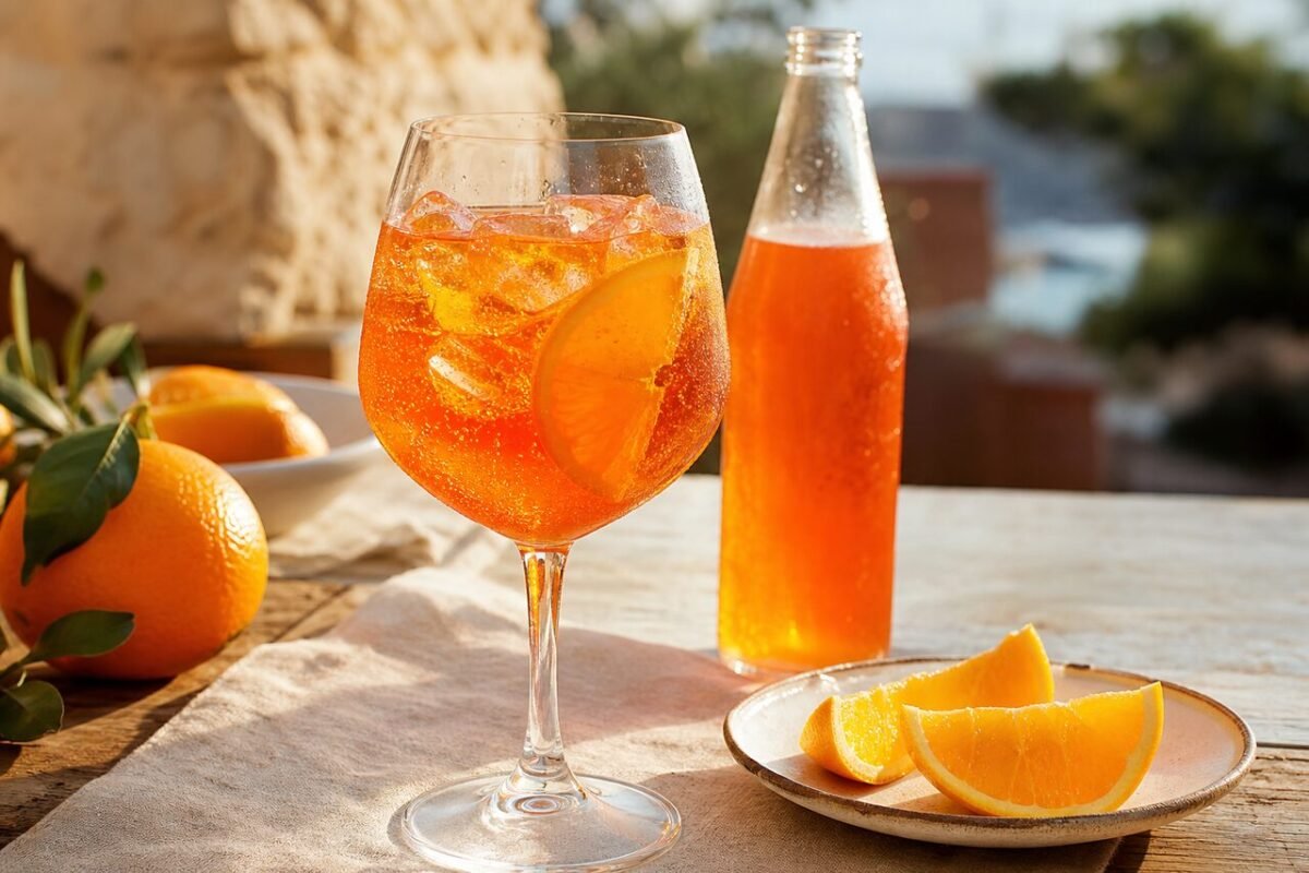 A classic Aperol Spritz with bright orange aperitif, sparkling bubbles, ice, and an orange slice in a wine glass.