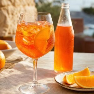 A classic Aperol Spritz with bright orange aperitif, sparkling bubbles, ice, and an orange slice in a wine glass.