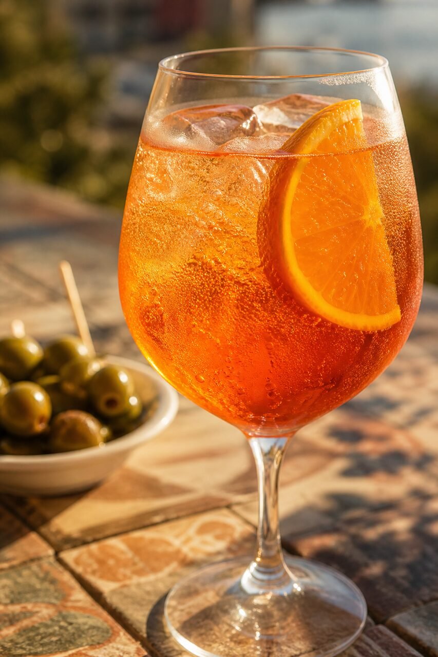 A chilled Aperol Spritz with bubbles, ice, and an orange slice beside a small plate of olives.