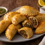A platter of golden Argentine beef empanadas with chimichurri, lemon wedges, and several empanadas cut open.