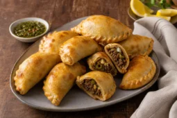 A platter of golden Argentine beef empanadas with chimichurri, lemon wedges, and several empanadas cut open.