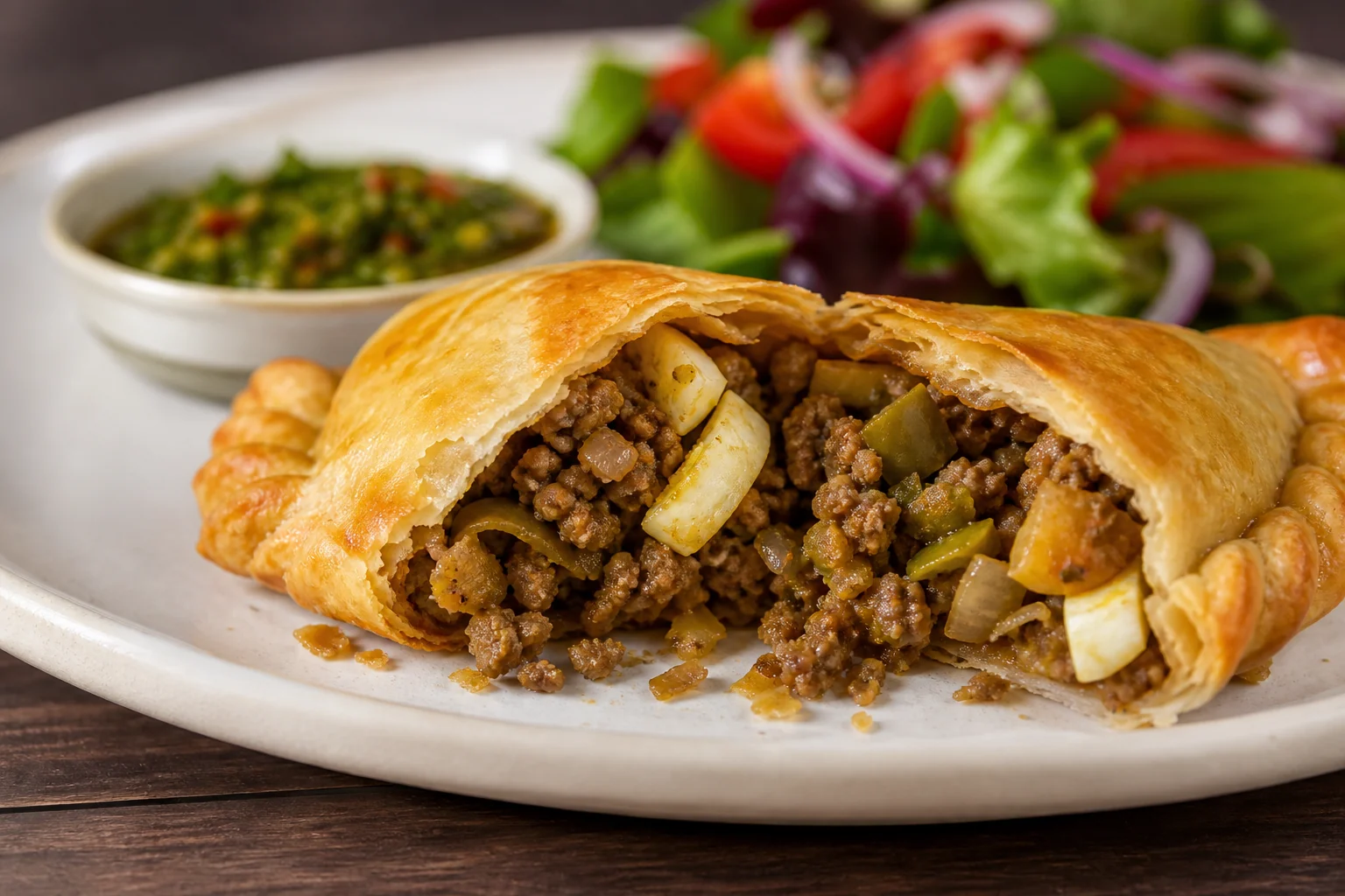 A close-up serving of an Argentine beef empanada broken open to show beef, onion, green olives, and egg.