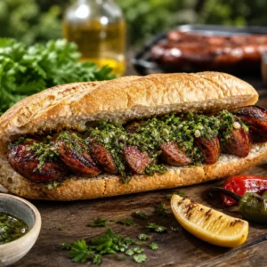 Grilled Argentine choripan with charred chorizo, crusty bread, and bright green chimichurri.