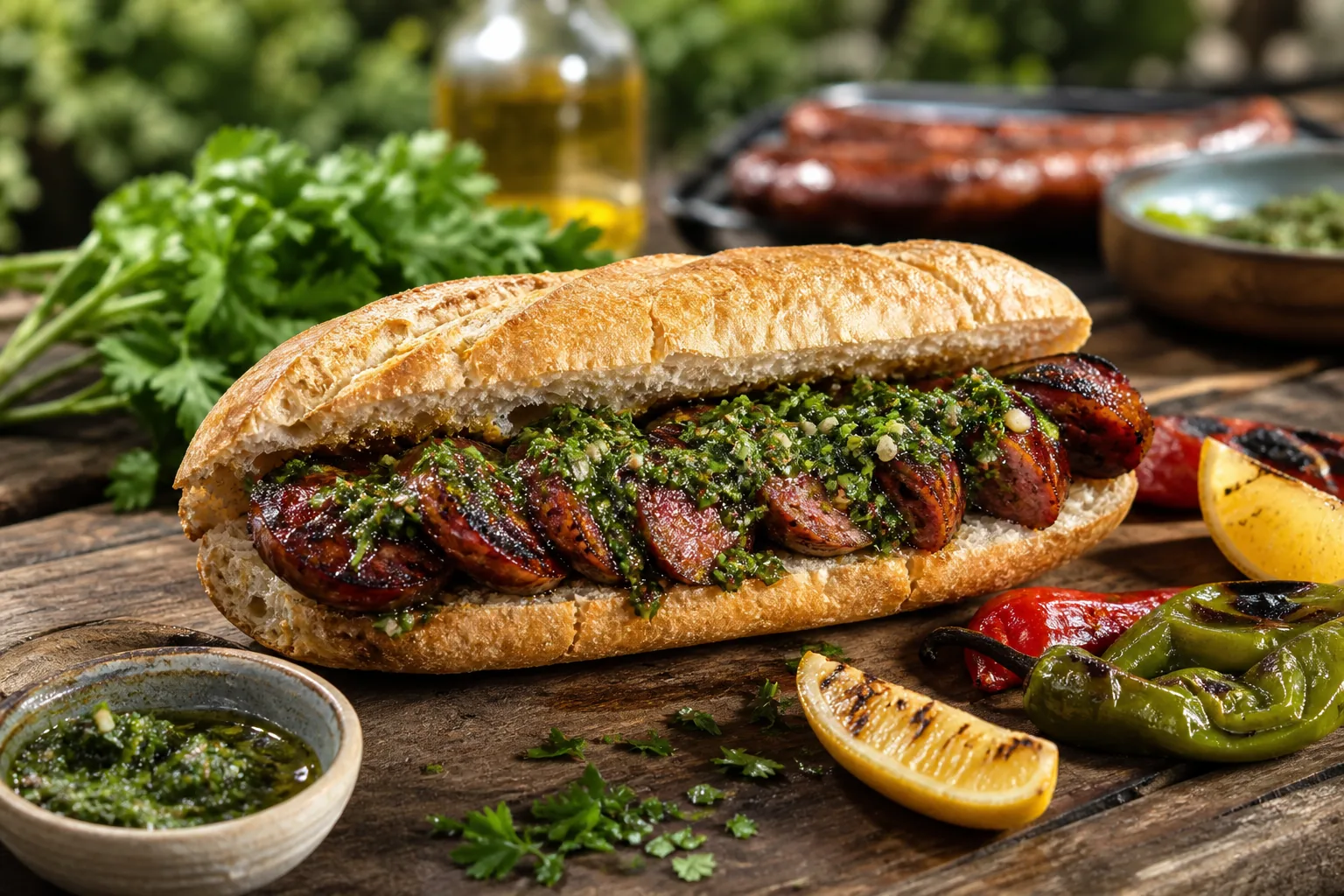 Grilled Argentine choripan with charred chorizo, crusty bread, and bright green chimichurri.
