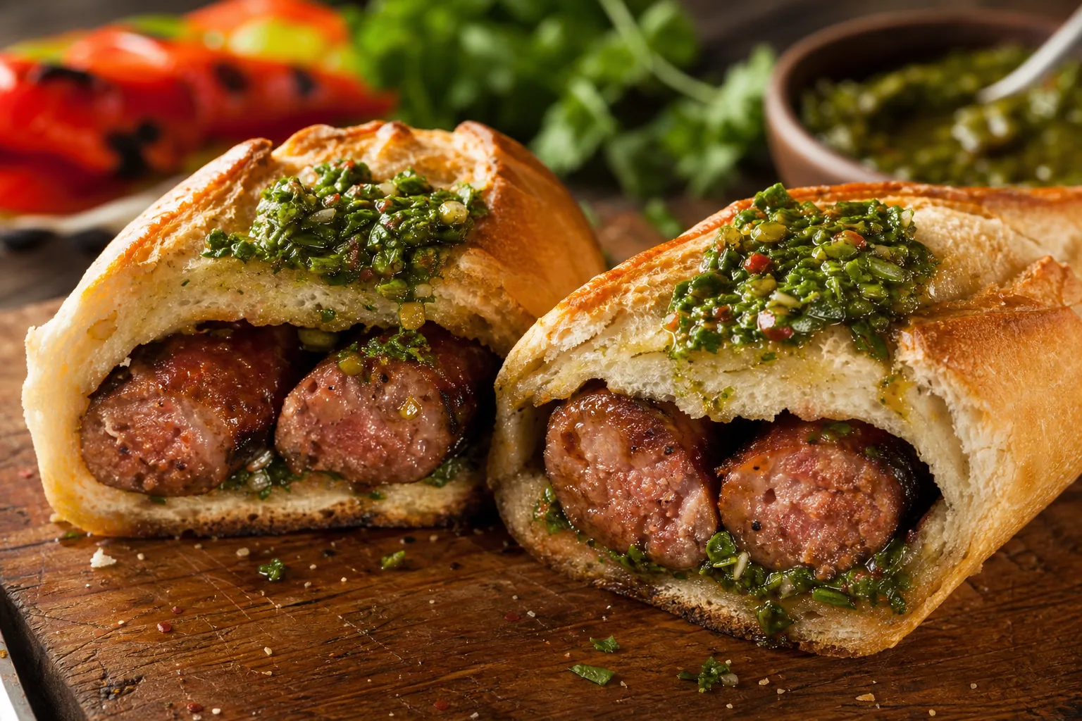 A close-up Argentine choripan cut open to show juicy grilled chorizo and chimichurri in toasted bread.