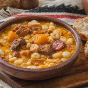 Argentine locro stew with white corn, beans, beef, pork, chorizo, pumpkin, paprika, and crusty bread.