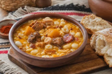 Argentine locro stew with white corn, beans, beef, pork, chorizo, pumpkin, paprika, and crusty bread.