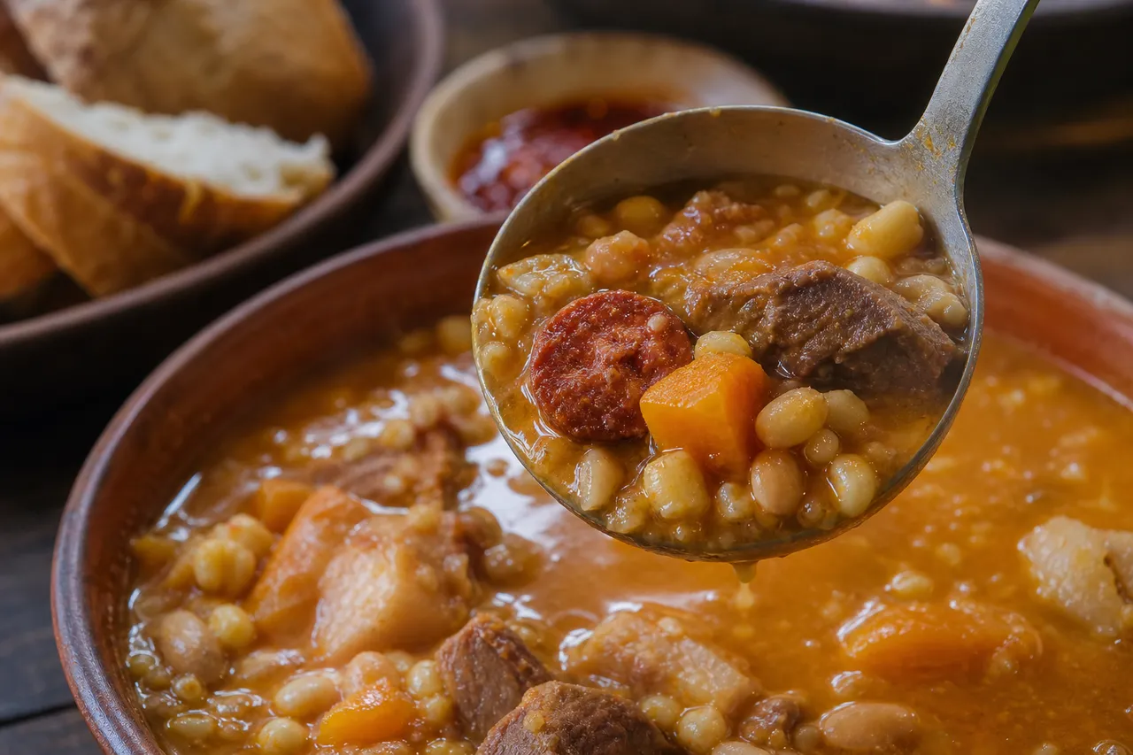 A close-up ladle of Argentine locro with white corn, beans, beef, pork, chorizo, pumpkin, and paprika-rich broth.