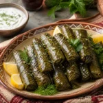 Armenian dolma grape leaves stuffed with rice, beef, herbs, lemon, and yogurt sauce.