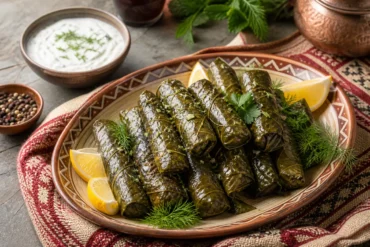 Armenian dolma grape leaves stuffed with rice, beef, herbs, lemon, and yogurt sauce.