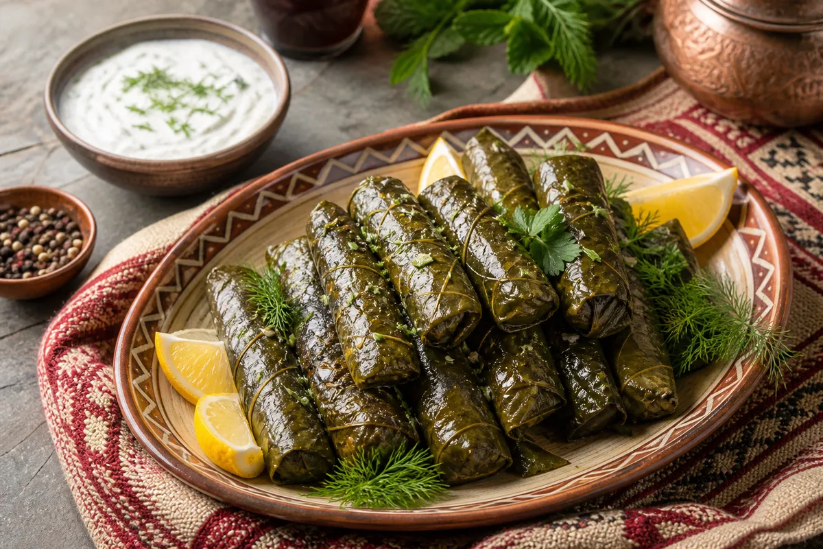 Armenian dolma grape leaves stuffed with rice, beef, herbs, lemon, and yogurt sauce.