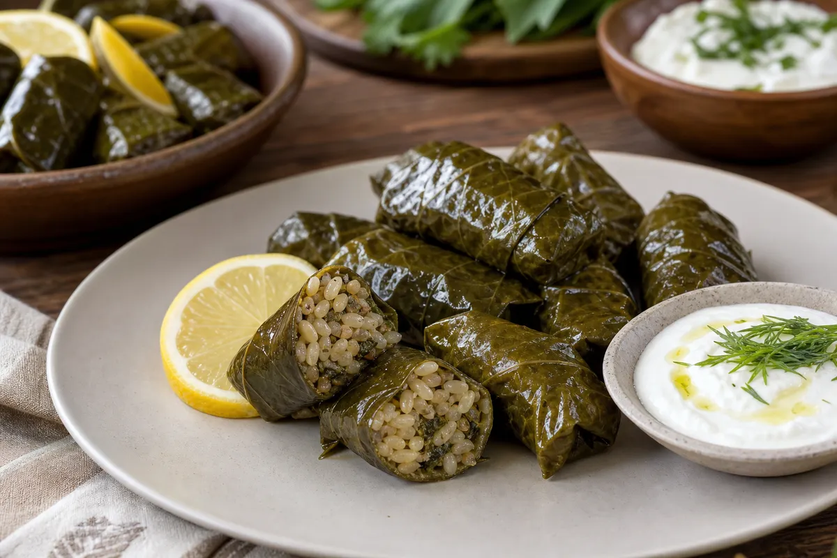 A close-up Armenian dolma grape leaf roll cut open to show its rice and herb filling.