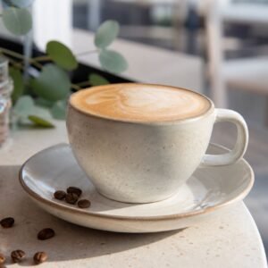 A velvety Australian flat white in a ceramic cup with espresso crema, microfoam, and coffee beans.