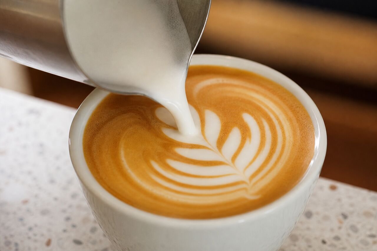 Steamed milk being poured into espresso to make a smooth Australian flat white.