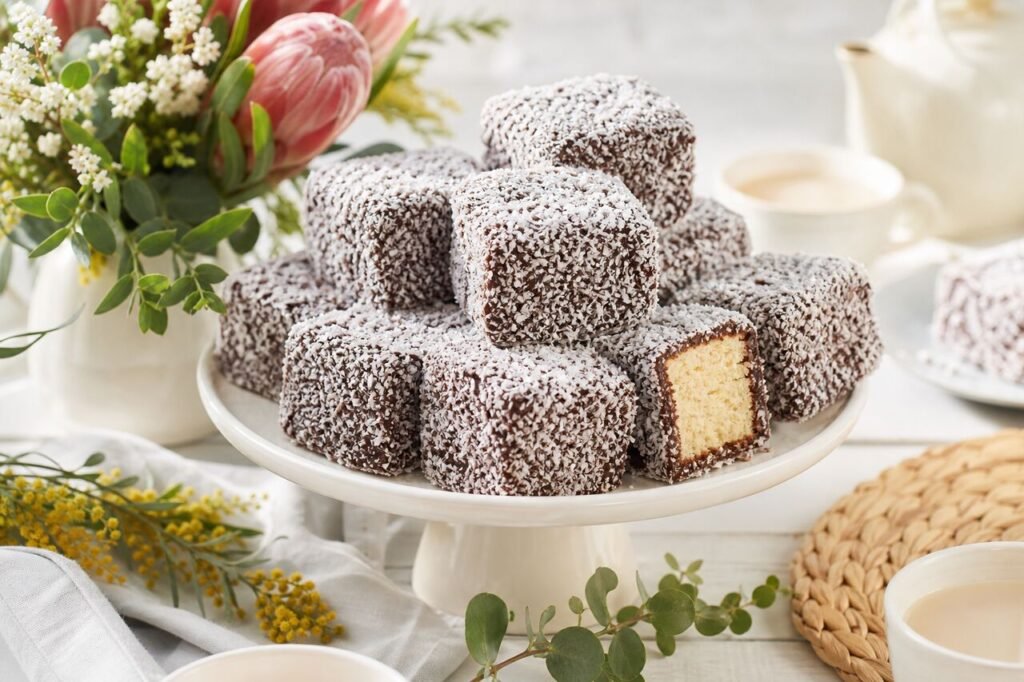 Chocolate-coated Australian lamingtons covered in coconut on a cake stand.