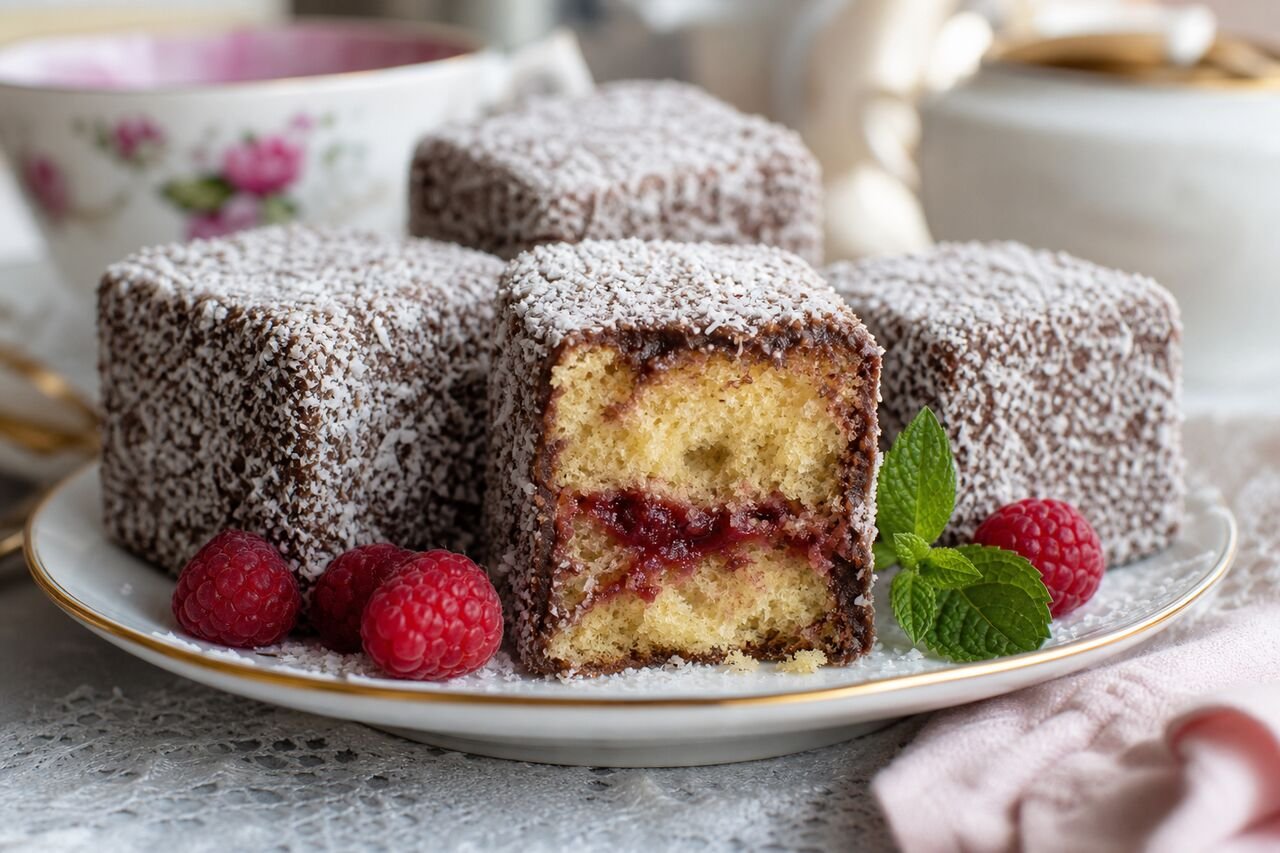 An Australian lamington cut open to show soft sponge and raspberry jam inside chocolate and coconut coating.