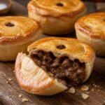 Golden Australian meat pies with flaky pastry, rich beef filling, and tomato sauce.