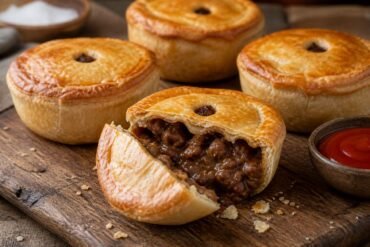 Golden Australian meat pies with flaky pastry, rich beef filling, and tomato sauce.