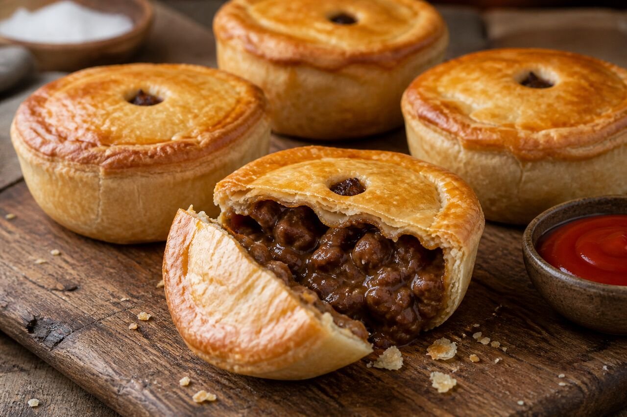 Golden Australian meat pies with flaky pastry, rich beef filling, and tomato sauce.