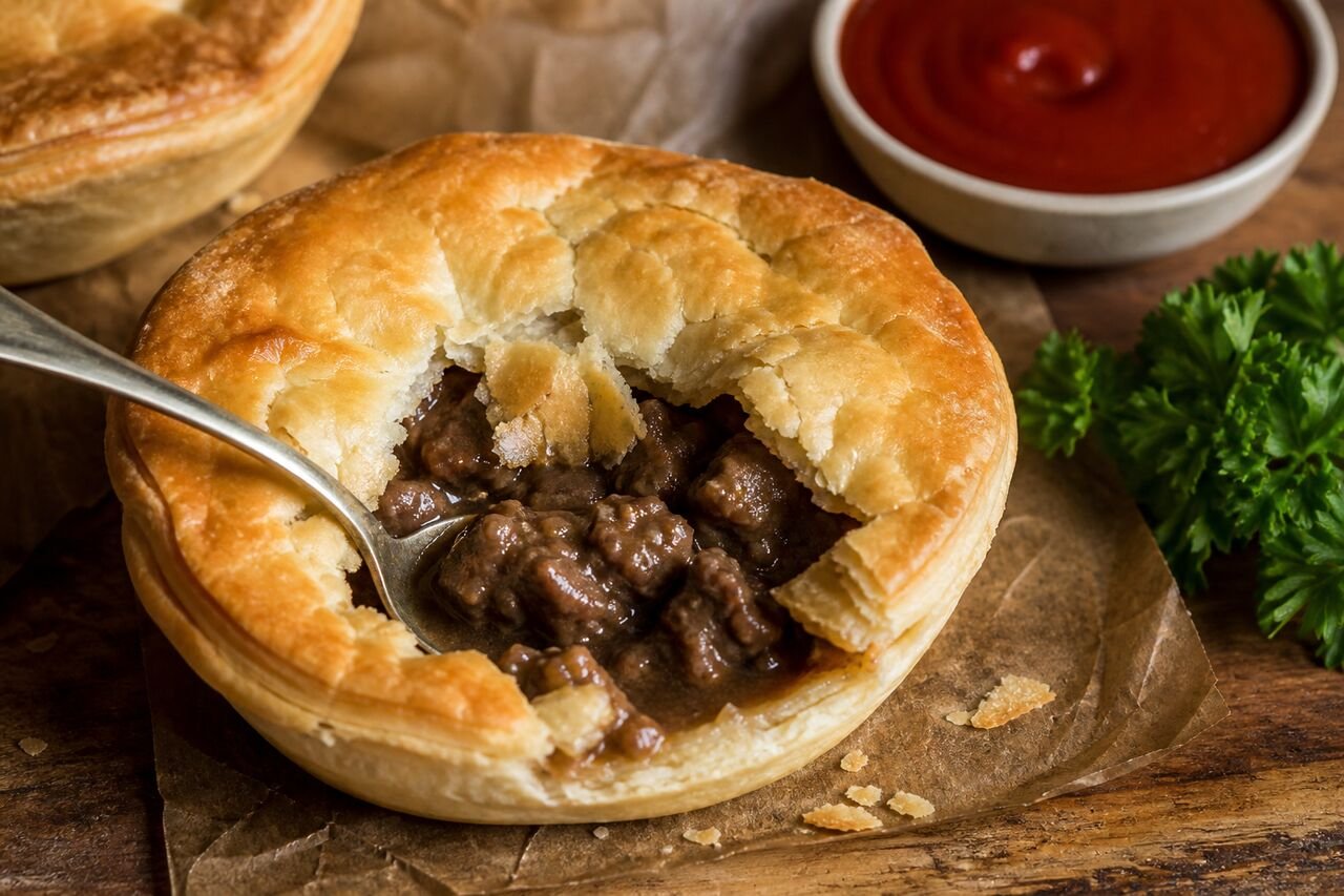 An Australian meat pie opened to show rich beef gravy inside flaky pastry.
