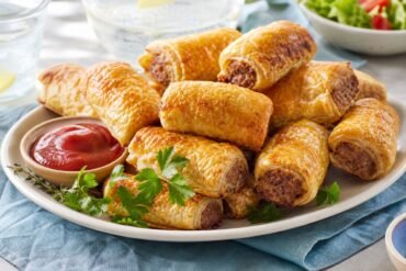 Golden Australian sausage rolls arranged on a platter with tomato sauce and parsley.
