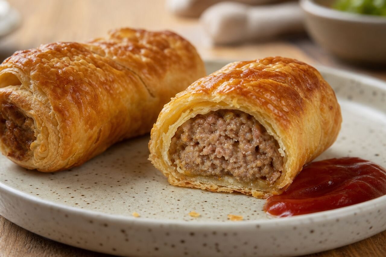 A cut Australian sausage roll showing seasoned meat inside crisp puff pastry with tomato sauce.