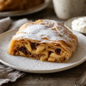 A slice of Austrian apple strudel with flaky pastry, apple raisin filling, powdered sugar, and whipped cream.
