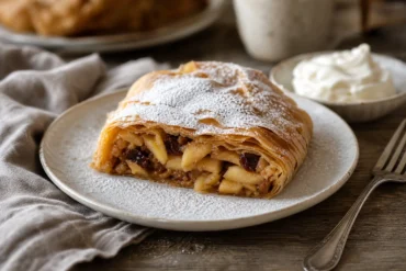 A slice of Austrian apple strudel with flaky pastry, apple raisin filling, powdered sugar, and whipped cream.
