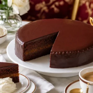 A slice of Austrian Sachertorte with glossy chocolate glaze, apricot jam, and whipped cream.