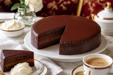 A slice of Austrian Sachertorte with glossy chocolate glaze, apricot jam, and whipped cream.