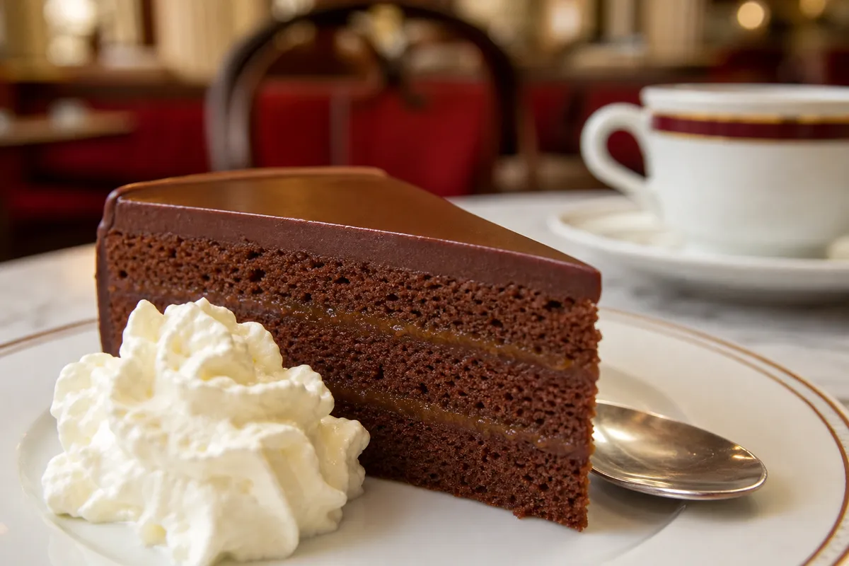 A close-up of Austrian Sachertorte showing chocolate sponge, apricot jam, glaze, and whipped cream.