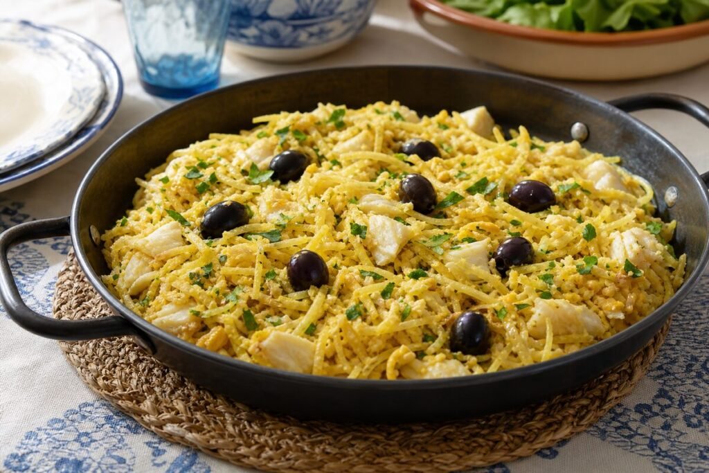 Portuguese bacalhau a Bras with flaky cod, crisp potato matchsticks, scrambled egg, black olives, and parsley.