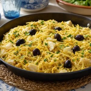 Portuguese bacalhau a Bras with flaky cod, crisp potato matchsticks, scrambled egg, black olives, and parsley.
