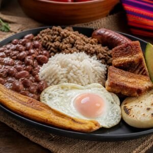Colombian bandeja paisa with red beans, rice, ground beef, chicharron, fried egg, plantain, avocado, and arepa.